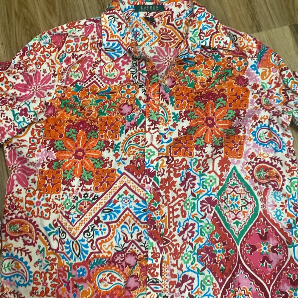 LAUREN RALPH LAUREN Womens Buttom Down Top Blouse Sz Large Multi Color EUC - Picture 2 of 8